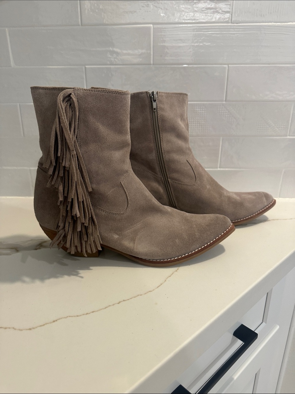 Jeffrey Campbell Taupe Suede Fringe Ankle Boots